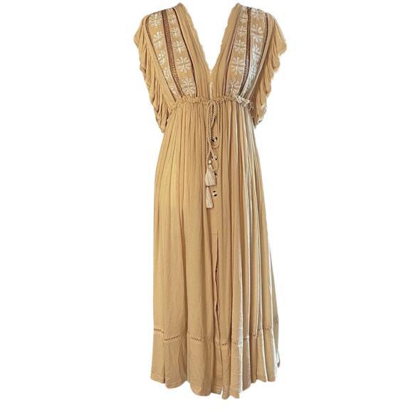 Free People M Midi Dress | Boho Embroidered Gauze, Ruffle Sleeves, Tassel Tie - Picture 7 of 7